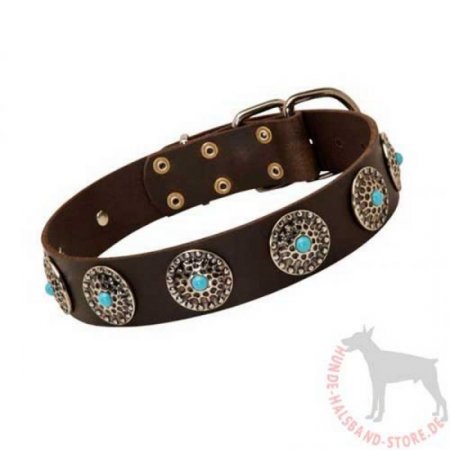 Hundehalsband Leder Breit mit Blauen Steinen