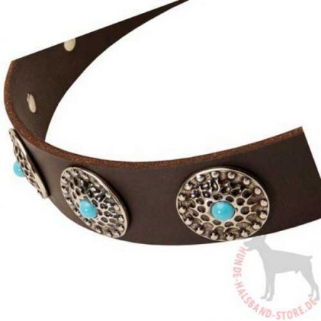 Hundehalsband Leder Breit mit Blauen Steinen