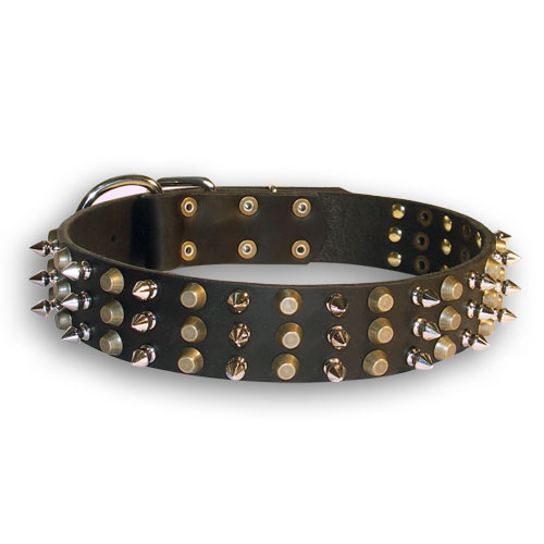 Hundehalsband Leder mit Spikes und Pyramiden