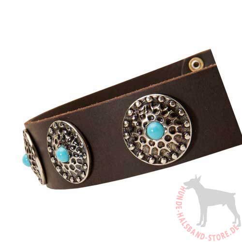 Leather Dog Collar Wide with Blue Stones 